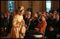 Lucinda J. Frailly, Dolley Madison Re-enactor and Director of Education and Special Events Coordinator for the National First Ladies’ Library, addresses a present-day crowd during a ceremony marking the debut of the Dolley Madison Gold Coin Monday, Nov. 19, 2007. White House photo by Joyce N. Boghosian