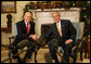 President George W. Bush shakes hands with Prime Minister Ehud Olmert of Israel in the Oval Office Monday, Nov. 26, 2007. In welcoming his fellow leader to the White House, the President said, "Thanks for coming to the Annapolis Conference. I'm looking forward to continuing our serious dialogue with you and the President of the Palestinian Authority to see whether or not peace is possible. I'm optimistic, I know you're optimistic, and I want to thank you for your courage and your friendship." White House photo by Eric Draper