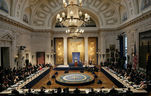 Palestinian President Mahmoud Abbas delivers remarks Tuesday, Nov. 27, 2007, during the Annapolis Conference on the grounds of the U.S. Naval Academy in Annapolis, Maryland. Attended by nearly 50 countries and organizations, the U.S.-led Middle East peace conference resulted in an agreement by President Abbas and Prime Minister Ehud Olmert of Israel to resume the long-stalled peace talks. White House photo by Chris Greenberg