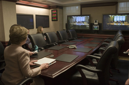 First Lady Laura Bush meets today via video conference with Cuban independent librarians Noelia Pedraza Jimenez, Roberto de Miranda, Iraida Rivas, and Nereida Rodriguez and her daughter Yurisel. Mrs. Bush spoke of her admiration for the work of the independent librarians in Cuba who provide a source of uncensored information to their countrymen at great personal risk, and expressed solidarity with them and their cause. White House photo by Shealah Craighead