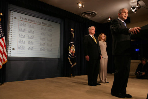 President George W. Bush delivers a statement on the findings of the Monitoring the Future Study on teen drug use Tuesday, Dec. 11, 2007, in the Eisenhower Executive Office Building. Said the President, ".Today we celebrate progress against substance abuse. There's still a lot more work to be done." White House photo by Chris Greenberg