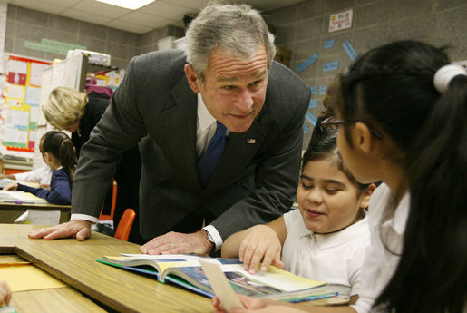 President George W. Bush visits with third grade students Monday, Jan. 7, 2008, at the Horace Greeley Elementary School in Chicago, where President Bush delivered a statement highlighting the successes of No Child Left Behind. White House photo by Joyce N. Boghosian