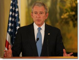 President George W. Bush speaks during joint press availability Wednesday, Jan. 9, 2008, at the Jerusalem office of Prime Minister Ehud Olmert of Israel. White House photo by Chris Greenberg