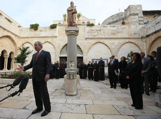 President George W. Bush makes a statement prior to his departure from the Church of Nativity Thursday, Jan. 10, 2008, in Bethlehem. The President thanked the people of Bethlehem and said he hoped that in the future the people there will be able to move freely in a democratic state. “That’s the vision, greatly inspired by my belief that there is an Almighty,” said the President, adding, “ And a gift of that Almighty to each man, woman and child on the face of the Earth is freedom. And I felt it strongly today.” White House photo by Eric Draper