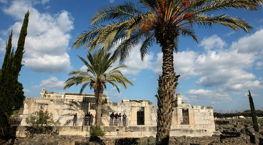 President George W. Bush visits the ruins of Capernaum Friday, Jan. 11, 2008, on the shore of the Sea of Galilee. The site, inhabited from 150 BC to AD 750, is reported to have been the home of the apostles Peter, Andrew, James and John, and according to the Book of Matthew, it was the town of Jesus, himself. White House photo by Eric Draper