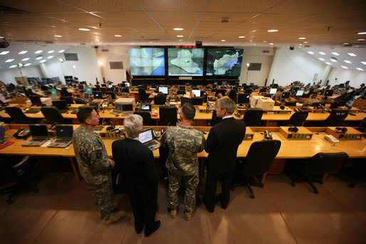 President George W. Bush is given a tour of the Operations Center at Camp Arifjan Saturday, Jan. 12, 2008, during his visit to the Kuwait camp to meet with the United States Ambassador to Iraq and Commander of the Multi-National Force in Iraq. White House photo by Eric Draper