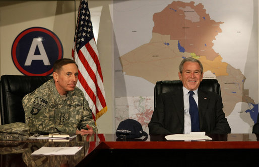 President George W. Bush and Gen. David Petraeus meet Saturday, Jan. 12, 2007, at Camp Arifjan, Kuwait. White House photo by Eric Draper