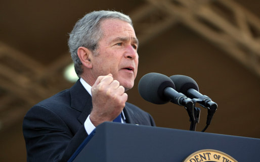 President George W. Bush emphasizes a point as he speaks to troops at Camp Arifjan Saturday, Jan. 12, 2008, in Kuwait. Said the President, "There is no doubt in my mind when history is written, the final page will say: Victory was achieved by the United States of America for the good of the world; that by doing the hard work now, we can look back and say, the United States of America is more secure, and generations of Americans will be able to live in peace." White House photo by Eric Draper