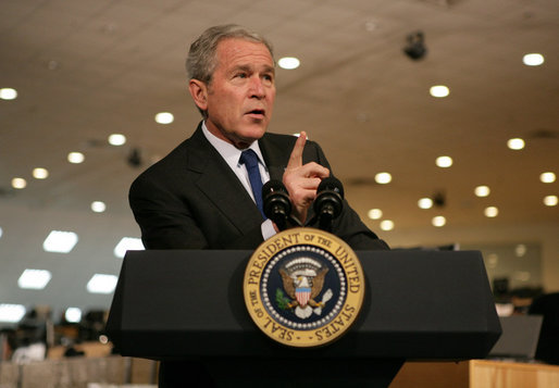 President George W. Bush delivers a statement Saturday, Jan. 12, 2008, after meeting with Gen. David Petraeus, Commander of the Multi-National Forces in Iraq, and U.S. Ambassador to Iraq Ryan Crocker at Camp Arifjan in Kuwait. White House photo by Chris Greenberg