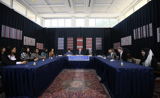 President George W. Bush sits with participants during a roundtable discussion on democracy and development with Kuwaiti women Saturday, Jan. 12, 2008, in Kuwait City prior to his departure from the country. White House photo by Eric Draper