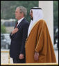 President George W. Bush and President Sheikh Khalifa bin Zayed Al Nahyan of the United Arab Emirates, stand for their national anthems Sunday, Jan. 13, 2008, during arrival ceremonies for President Bush at Al Mushref Palace in Abu Dhabi. White House photo by Eric Draper