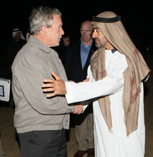 Crown Prince Sheikh Mohammed bin Zayed Al Nayhan and President George W. Bush embrace as they conclude their dinner in the desert Sunday, Jan. 13, 2008, near Abu Dhabi. President Bush will depart the United Arab Emirates Monday, continuing on to Saudi Arabia on the last leg of his Mideast visit. White House photo by Eric Draper