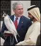 President George W. Bush holds a falcon shown to him by Sheikh Mohammed Bin Rashid al-Maktoum, Vice President and Prime Minister of the United Arab Emirates, Monday, Jan. 14, 2008, during a visit to Sheikh Saeed Al Maktoum House in Dubai. White House photo by Eric Draper