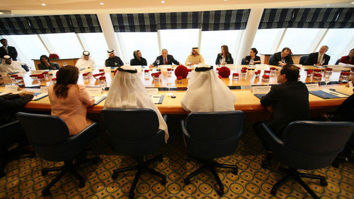 President George W. Bush speaks to young Arab leaders Monday, Jan. 14, 2008, during a roundtable discussion at the Burj Al Arab Hotel in Dubai. White House photo by Eric Draper