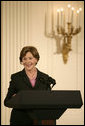 Mrs. Laura Bush delivers remarks during a ceremony for the Institute of Museum and Library Services in the East Room at the White House Monday, January 14, 2008. "Our country is fortunate to have so many outstanding museums and libraries." Mrs. Bush said during her remarks, "This year, we've expanded the IMLS awards to recognize ten institutions -- all with impressive collections, and a strong sense of responsibility to the communities that they serve." The Institute of Museum and Library Services National Awards for Museum and Library Service honor outstanding museums and libraries that demonstrate an ongoing institutional commitment to public service. It is the nation's highest honor for excellence in public service provided by these institutions. White House photo by Shealah Craighead