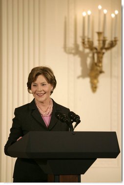 Mrs. Laura Bush delivers remarks during a ceremony for the Institute of Museum and Library Services in the East Room at the White House Monday, January 14, 2008. "Our country is fortunate to have so many outstanding museums and libraries." Mrs. Bush said during her remarks, "This year, we've expanded the IMLS awards to recognize ten institutions -- all with impressive collections, and a strong sense of responsibility to the communities that they serve." The Institute of Museum and Library Services National Awards for Museum and Library Service honor outstanding museums and libraries that demonstrate an ongoing institutional commitment to public service. It is the nation's highest honor for excellence in public service provided by these institutions. White House photo by Shealah Craighead