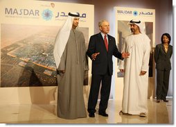 President George W. Bush comments to the media as he tours the Masdar Exhibition Monday, Jan. 14, 2008, at the Emirates Palace Hotel. Said the President, "I hope that my visit shines a spotlight on the Middle East, the opportunities to work constructively with our friends and allies, and shows people the truth about what life is like here in the UAE. This is a remarkable place. Its architecture is beautiful. But the can-do spirit is amazing." White House photo by Eric Draper