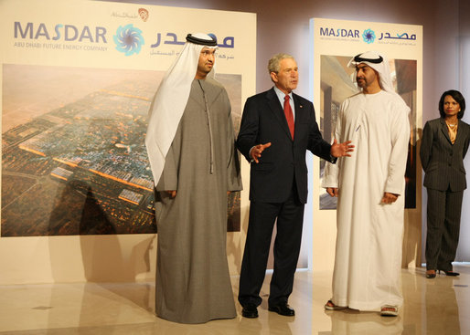 President George W. Bush comments to the media as he tours the Masdar Exhibition Monday, Jan. 14, 2008, at the Emirates Palace Hotel. Said the President, "I hope that my visit shines a spotlight on the Middle East, the opportunities to work constructively with our friends and allies, and shows people the truth about what life is like here in the UAE. This is a remarkable place. Its architecture is beautiful. But the can-do spirit is amazing." White House photo by Eric Draper