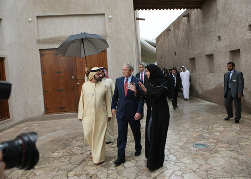 President George W. Bush is escorted on a tour of the Sheikh Saeed Maktoum House, home of Vice President and Prime Minister of the United Arab Emirates Sheikh Mohammed bin Rashid al-Maktoum, left, Monday, Jan. 14, 2008 in Dubai. White House photo by Eric Draper