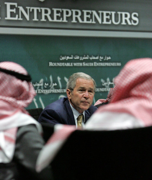 President George W. Bush participates in a roundtable discussion with Saudi entrepreneurs Tuesday, Jan. 15, 2008, at the United States Embassy in Riyadh. White House photo by Chris Greenberg