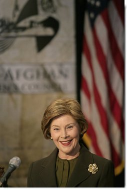 Mrs. Laura Bush delivers remarks to the U.S.-Afghan Women's Council Thursday, January 17, 2008, at Georgetown University in Washington, D.C. During her remarks, Mrs. Bush said, "Council initiatives have educated women judges and lawyers about Afghanistan's new constitution. Women parliamentarians have come to the U.S. to meet with members of Congress. Hundreds of midwives are being trained to help reduce Afghanistan's high maternal mortality rate. Micro-credit loans have been extended to Afghan entrepreneurs. Afghan women manage community banks, and attend graduate-level business seminars in the United States." White House photo by Shealah Craighead