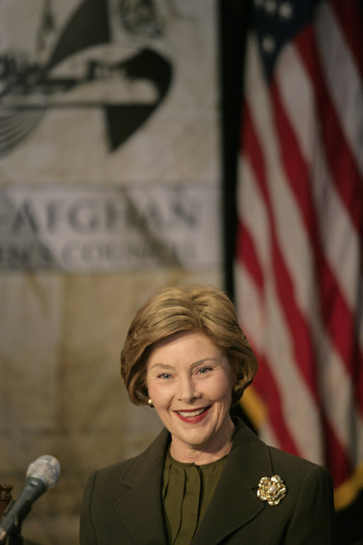 Mrs. Laura Bush delivers remarks to the U.S.-Afghan Women's Council Thursday, January 17, 2008, at Georgetown University in Washington, D.C. During her remarks, Mrs. Bush said, "Council initiatives have educated women judges and lawyers about Afghanistan's new constitution. Women parliamentarians have come to the U.S. to meet with members of Congress. Hundreds of midwives are being trained to help reduce Afghanistan's high maternal mortality rate. Micro-credit loans have been extended to Afghan entrepreneurs. Afghan women manage community banks, and attend graduate-level business seminars in the United States." White House photo by Shealah Craighead