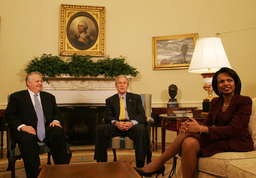 President George W. Bush and Secretary of State Condoleezza Rice sit in the Oval Office with Rich Williamson, Special Envoy for Sudan Thursday, Jan. 17, 2008, to discuss the continuing commitment by the United States to help the citizens of Sudan. Said the President, ". One of the reasons we care about the suffering in Sudan is because we care about the human condition all across the face of the earth. And we fully understand that when people suffer, it is in our interest to help." White House photo by Joyce N. Boghosian