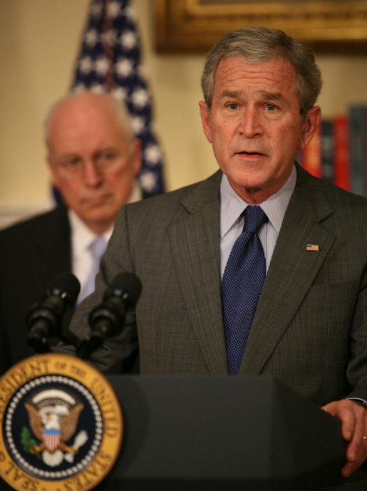 With Vice President Dick Cheney looking on, President George W. Bush delivers a statement in the Roosevelt Room of the White House Friday, Jan. 18, 2007, regarding the economy of the United States. White House photo by Joyce N. Boghosian