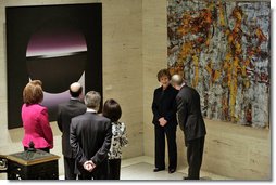 Mrs Laura Bush participates in a tour of the Contemporary Turkish Painting Exhibit Friday January 18, 2007, at the Federal Reserve in Washington, D.C. Mrs. Bush is accompanied on the tour by Nabi Sensoy, Turkish Ambassador to the United States, his wife Gulgun Sensoy, and Ambassador Nancy Brinker, Chief of Protocol of the United States. The tour was led by Dr. Ben Bernanke, Federal Reserve Chairman, and Stephen Phillips, Federal Reserve Fine Arts Director. White House photo by Shealah Craighead