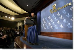 Vice President Dick Cheney delivers remarks on the Foreign Intelligence Surveillance Act (FISA) Wednesday, January 23, 2008 at the Heritage Foundation in Washington, D.C. "This cause is bigger than the quarrels of party and the agendas of politicians," said the Vice President, adding, "And if we in Washington, all of us, can only see our way clear to work together, then the outcome should not be in doubt. We will do our part to keep this nation safe." White House photo by David Bohrer