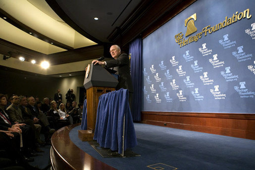 Vice President Dick Cheney delivers remarks on the Foreign Intelligence Surveillance Act (FISA) Wednesday, January 23, 2008 at the Heritage Foundation in Washington, D.C. "This cause is bigger than the quarrels of party and the agendas of politicians," said the Vice President, adding, "And if we in Washington, all of us, can only see our way clear to work together, then the outcome should not be in doubt. We will do our part to keep this nation safe." White House photo by David Bohrer