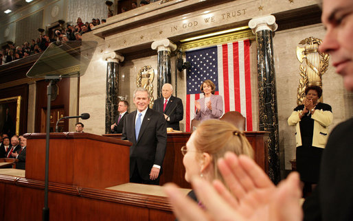 President George W. Bush acknowledges the applause Monday, Jan. 28, 2008, as he arrives at the podium on the House floor at the U.S. Capitol to deliver his final State of the Union address. White House photo by Eric Draper