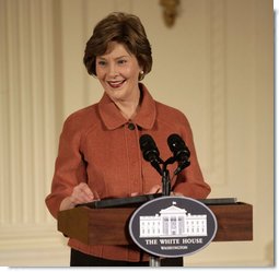 Mrs. Laura Bush speaks to the audience Monday, Jan. 28, 2008, during the President's Committee on the Arts and the Humanities Coming Up Taller awards ceremony in the East Room of the White House. Mrs. Bush told her audience, "The Coming Up Taller award winners have made a demonstrable impact on the lives of children, many of whom need extra attention from caring adults to help them stay on track for a healthy and successful life." White House photo by Shealah Craighead