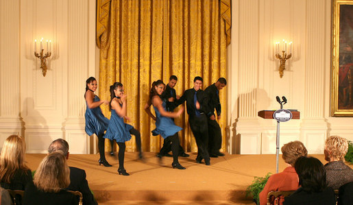 Ritmo en Accion, from Jamaica Plain, Massachusetts, performs during the Coming Up Taller awards ceremony Monday, Jan. 28, 2008, in the East Room of the White House. The youth dance initiative was created in 2001 by the Hyde Square Task Force to combat high crime, violence and low student achievement in its tough, inner-city Boston neighborhood. White House photo by Shealah Craighead