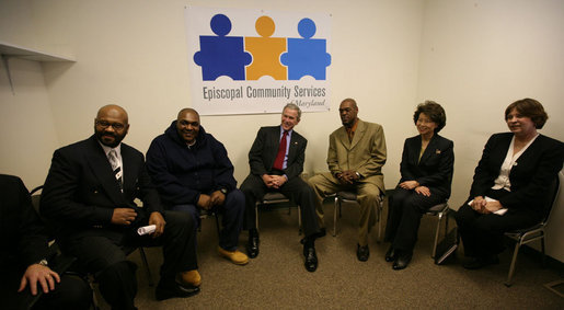 President George W. Bush meets with Jericho Program graduates Tuesday, Jan. 29, 2008, in Baltimore. The program is sponsored by the Episcopal Community Service of Maryland, a non-profit, faith-based organization with 80 years of experience, helping men to rebuild their lives and return to positive, productive roles in the workplace, in their families, and in the community. From left are: Greg Carpenter, Coordinator of Mentoring Program and Training; Thomas Boyd, graduate; President Bush; Adolphus Mosely, graduate; Secretary of Labor Elaine Chao, and Bonnie Ariano, Director of the Jericho Program. White House photo by Joyce N. Boghosian