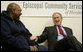 President George W. Bush and Thomas Boyd, a graduate of the Jericho Program, share a laugh Tuesday, Jan. 29, 2008, during the President's visit to the Baltimore faith-based program that helps men rebuild their lives and return to positive, productive roles. White House photo by Joyce N. Boghosian