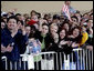 Employees at the Robinson Helicopter Company cheer President George W. Bush, Wednesday, Jan. 30, 2008 in the Torrance, Calif., where President Bush toured the facility and spoke about the nation’s economy and the importance of free trade agreements. White House photo by Eric Draper