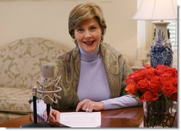 Taking the opportunity to speak about American Heart Month, Mrs. Laura Bush delivers the weekly radio address from her office in the White House. Said Mrs. Bush, "This American Heart Month, all of us can be Heart Truth ambassadors. Start by protecting your own heart, and spread the word to others. February is a month known for Valentines. This February, encourage your loved ones to take care of their health. It's the best Valentine's gift you could possibly give." White House photo by Shealah Craighead