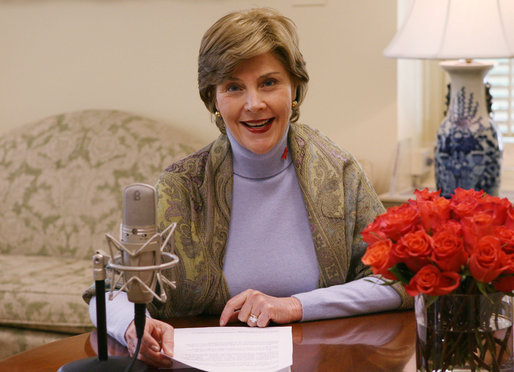 Taking the opportunity to speak about American Heart Month, Mrs. Laura Bush delivers the weekly radio address from her office in the White House. Said Mrs. Bush, "This American Heart Month, all of us can be Heart Truth ambassadors. Start by protecting your own heart, and spread the word to others. February is a month known for Valentines. This February, encourage your loved ones to take care of their health. It's the best Valentine's gift you could possibly give." White House photo by Shealah Craighead