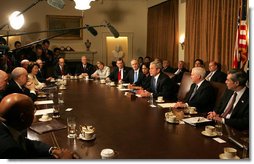 President George W. Bush meets with members of his Cabinet Monday, Feb. 4, 2008, in the Cabinet Room of the White House. In speaking about the Budget that was sent to Congress, the President said, "This is a good, solid budget. It's not only an innovative budget, in that it's coming to Congress over the Internet, it's a budget that's balanced -- gets to balance in 2012 and saves taxpayers money." White House photo by Joyce N. Boghosian