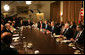 President George W. Bush meets with members of his Cabinet Monday, Feb. 4, 2008, in the Cabinet Room of the White House. In speaking about the Budget that was sent to Congress, the President said, "This is a good, solid budget. It's not only an innovative budget, in that it's coming to Congress over the Internet, it's a budget that's balanced -- gets to balance in 2012 and saves taxpayers money." White House photo by Joyce N. Boghosian