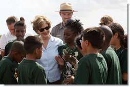 Mrs. Laura Bush visits with Florida City Elementary School students Wednesday, Feb. 6, 2008, during the Junior Ranger "First Bloom" planting event in Everglades National Park, Fla. President Bush on Monday asked Congress to spend $215 million for restoration of the Everglades. White House photo by Shealah Craighead