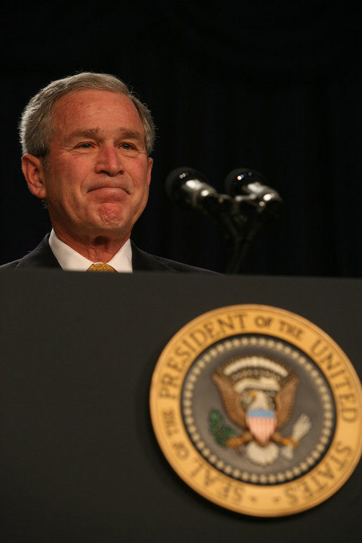 President George W. Bush acknowledges the applause as he attends the 56th National Prayer Breakfast Thursday, Feb. 8, 2008, at the Washington Hilton Hotel. Said the President, "Every President since Dwight Eisenhower has attended the National Prayer Breakfast -- and I am really proud to carry on that tradition. It's an important tradition, and I'm confident Presidents who follow me will do the same. The people in this room come from many different walks of faith. Yet we share one clear conviction: We believe that the Almighty hears our prayers -- and answers those who seek Him." White House photo by Joyce N. Boghosian