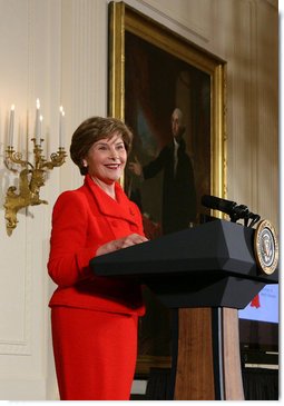 Mrs. Laura Bush welcomes guests to The Heart Truth reception Monday, Feb. 11, 2008, in the East Room of the White House, reminding women of the importance to protect their heart health. Mrs. Bush has served as the National Ambasasador for The Heart Truth national campaign since 2003. White House photo by Chris Greenberg