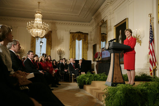 Mrs. Laura Bush addresses her remarks at The Heart Truth reception Monday, Feb. 11, 2008, in the East Room of the White House, part of a national awareness campaign that warns women of the dangers of heart disease. Mrs. Bush, joined by President George W. Bush at the reception, has served as the National Ambasasador for The Heart Truth national campaign since 2003. White House photo by Shealah Craighead