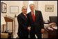 President George W. Bush stands with Dr. Salam Fayyad, Prime Minister of the Palestinian Authority, during his visit Monday, Feb. 11, 2008, to the White House for a meeting with Stephen Hadley, National Security Advisor. White House photo by Joyce N. Boghosian