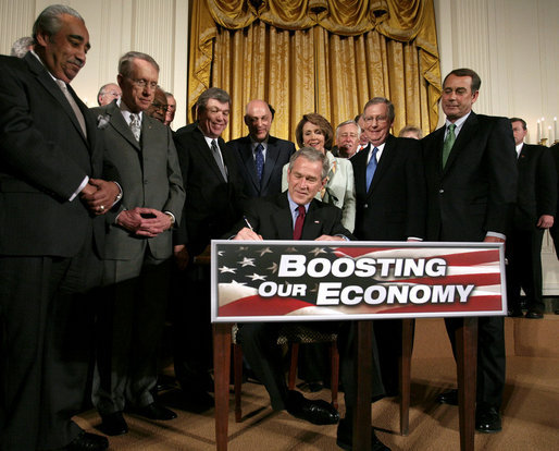 President George W. Bush signs H.R. 5140, the Economic Stimulus Act of 2008, Wednesday, Feb. 13, 2008, in the East Room at the White House. White House photo by David Bohrer