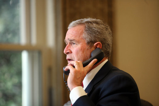 President George W. Bush speaks to the President of Northern Illinois University in DeKalb, Illinois Friday, Feb. 15, 2008, to offer condolences in the wake of Thursday's tragic campus shootings. White House photo by Joyce N. Boghosian