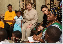 Mrs. Laura Bush joins a discussion with orphans and caretakers at the WAMA Foundation Sunday, Fab. 17, 2008 in Dar es Salaam, Tanzania, during a meeting to launch the National Plan of Action for Orphans and Vulnerable Children. White House photo by Shealah Craighead