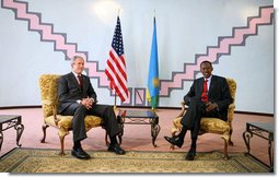 President George W. Bush meets with the President of Rwanda Paul Kagame Tuesday Feb. 19, 2008, at the Presidency in Rwanda. White House photo by Eric Draper